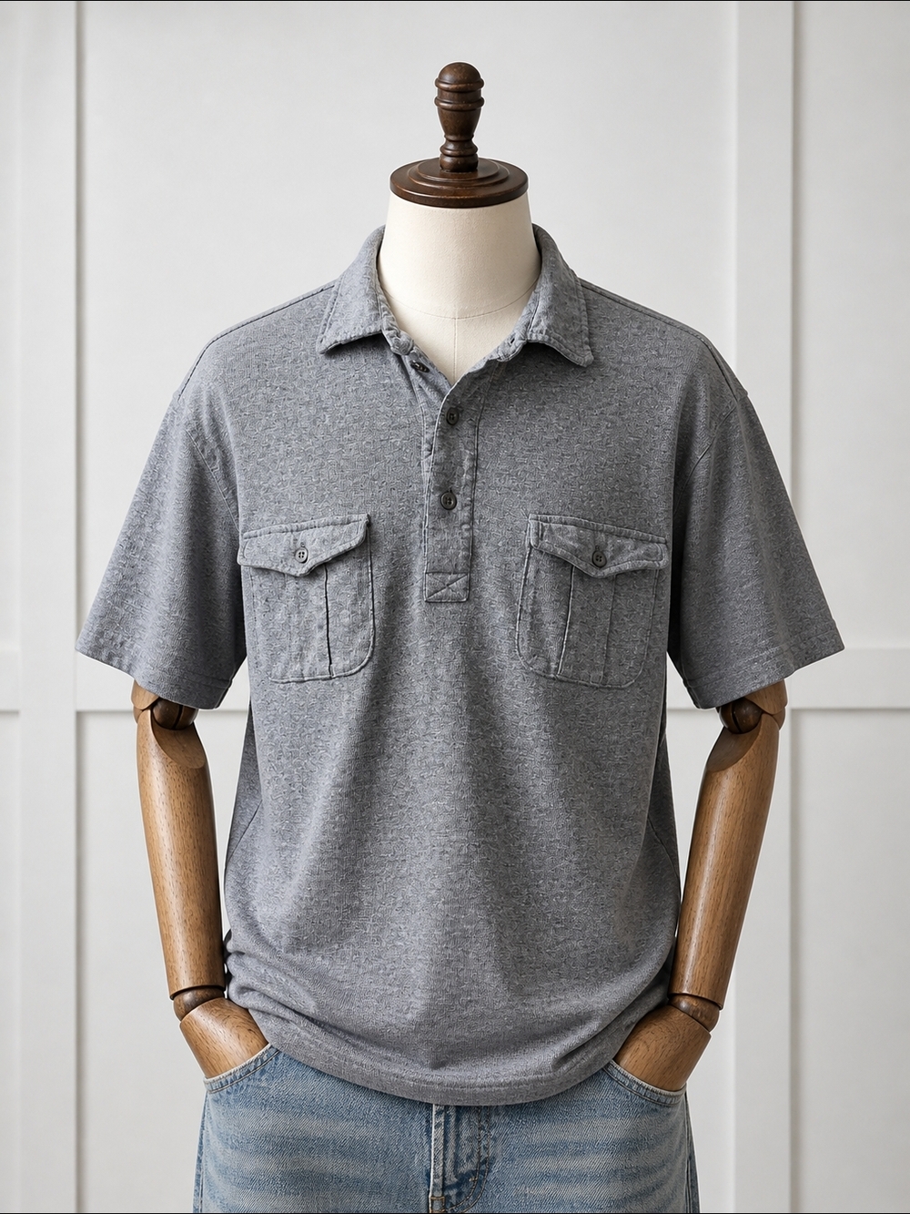 Men's Gray Short-Sleeve Polo Shirt with Chest Pockets